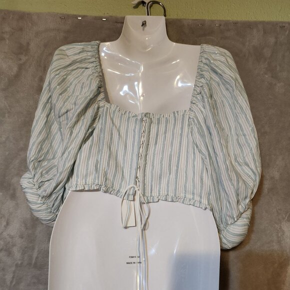 For Love/Lemons Leslie Puff Sleeve Crop Corset Women's 1X Blue/White Striped Top - Picture 3 of 7